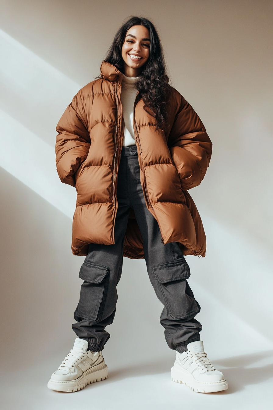 11. Puffer Coat & Cargo Pants (London Outfit Ideas) - London Outfit Ideas