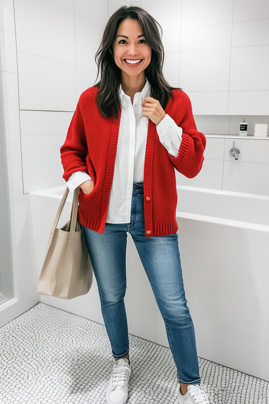 2. Casual Denim Layers (Red Sweater Outfit Ideas) - Red Sweater Outfit Ideas