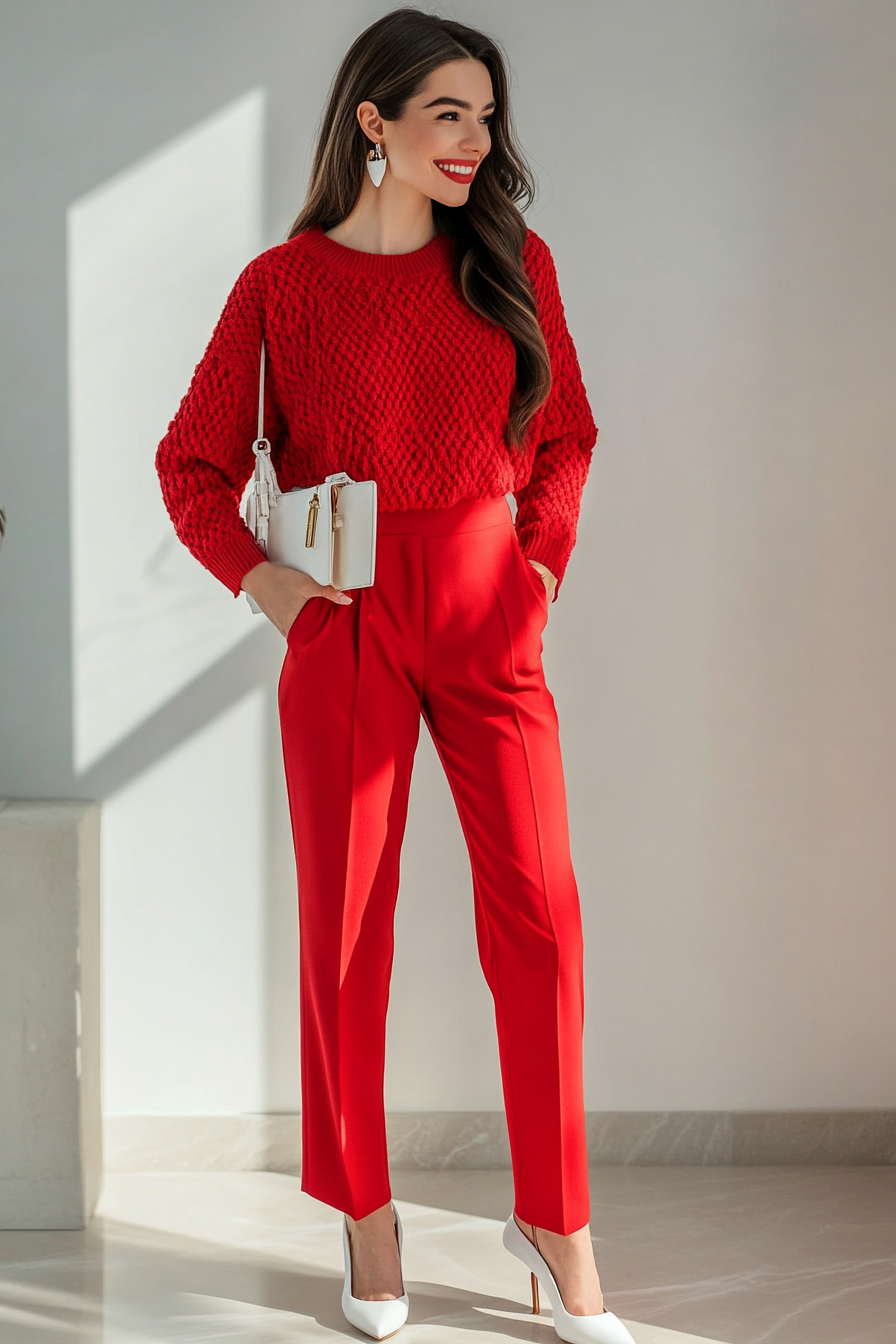 3. Classic Monochrome Chic (Red Sweater Outfit Ideas) - Red Sweater Outfit Ideas