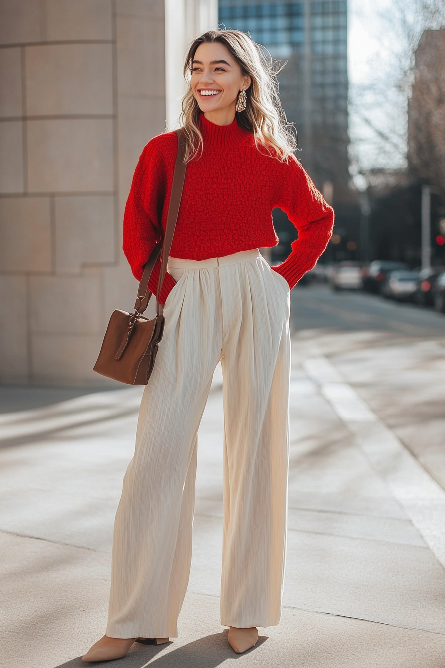 4. Soft Knit and Wide-Leg Pants (Red Sweater Outfit Ideas) - Red Sweater Outfit Ideas