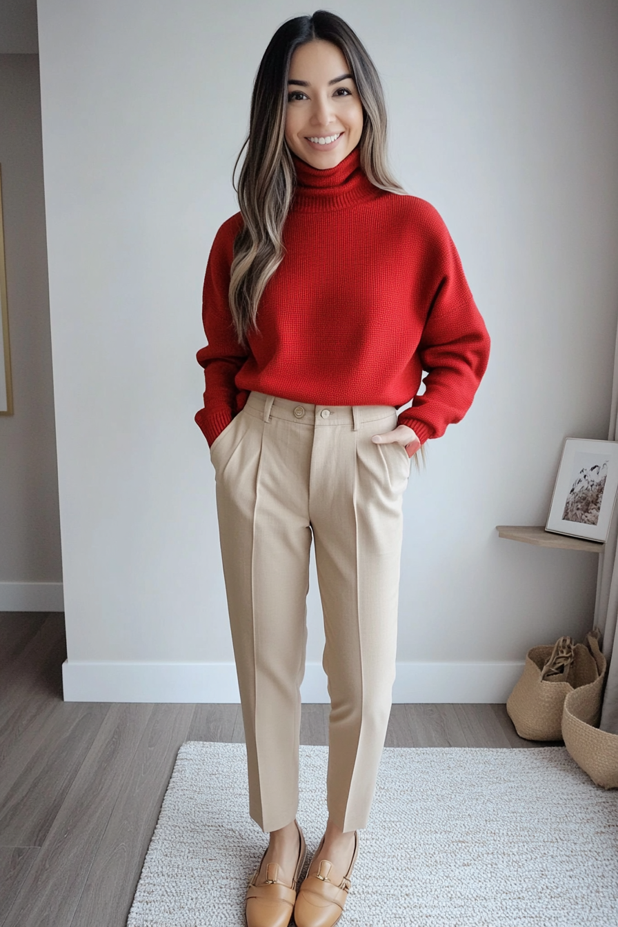 5. Tonal Harmony with Camel (Red Sweater Outfit Ideas) - Red Sweater Outfit Ideas