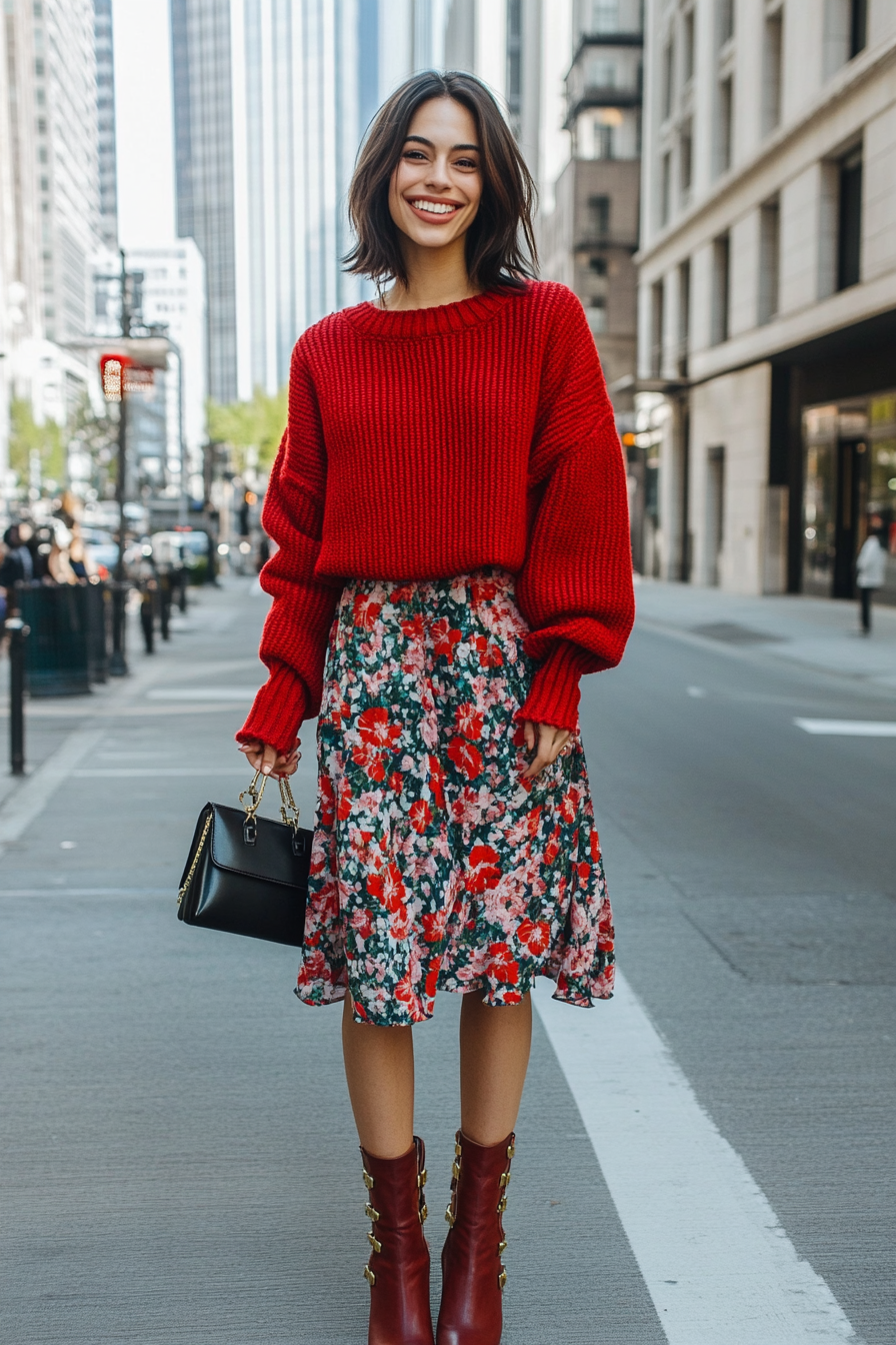 6. Layered Over a Maxi Dress (Red Sweater Outfit Ideas) - Red Sweater Outfit Ideas