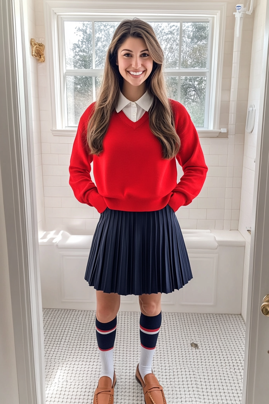 7. Preppy Layers with a Pleated Skirt (Red Sweater Outfit Ideas) - Red Sweater Outfit Ideas