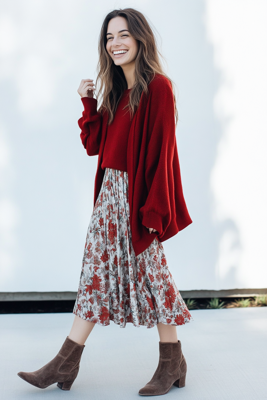 11. Bohemian Layers with a Midi Skirt (Red Sweater Outfit Ideas) - Red Sweater Outfit Ideas