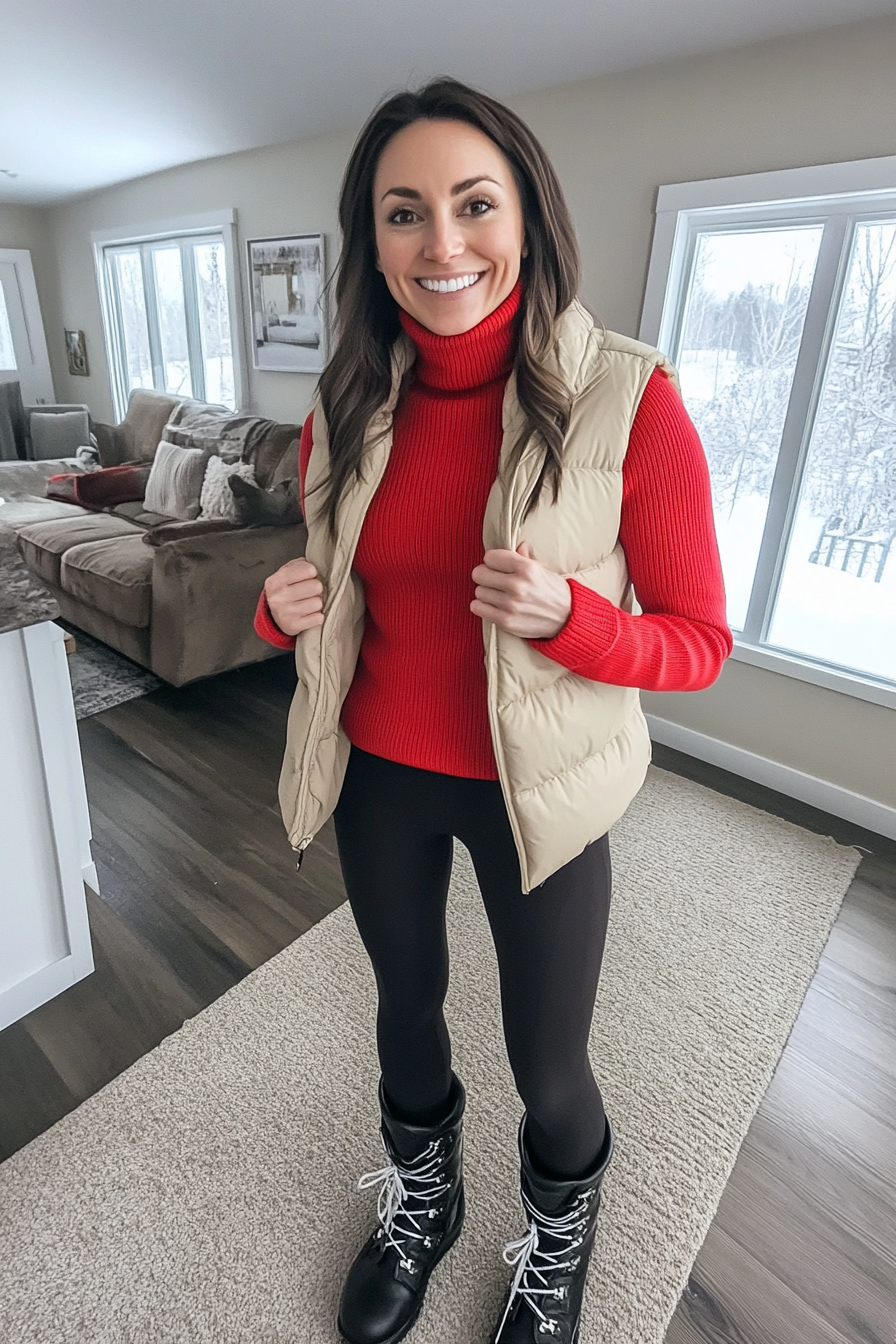 13. Winter-Ready With a Puffer Vest (Red Sweater Outfit Ideas) - Red Sweater Outfit Ideas