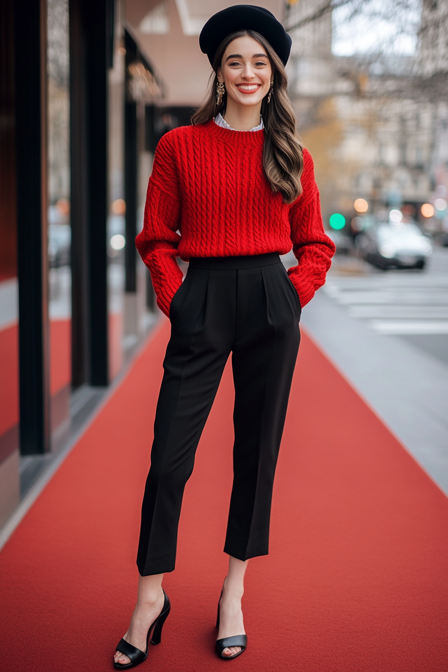 15. Parisian-Inspired Elegance (Red Sweater Outfit Ideas) - Red Sweater Outfit Ideas