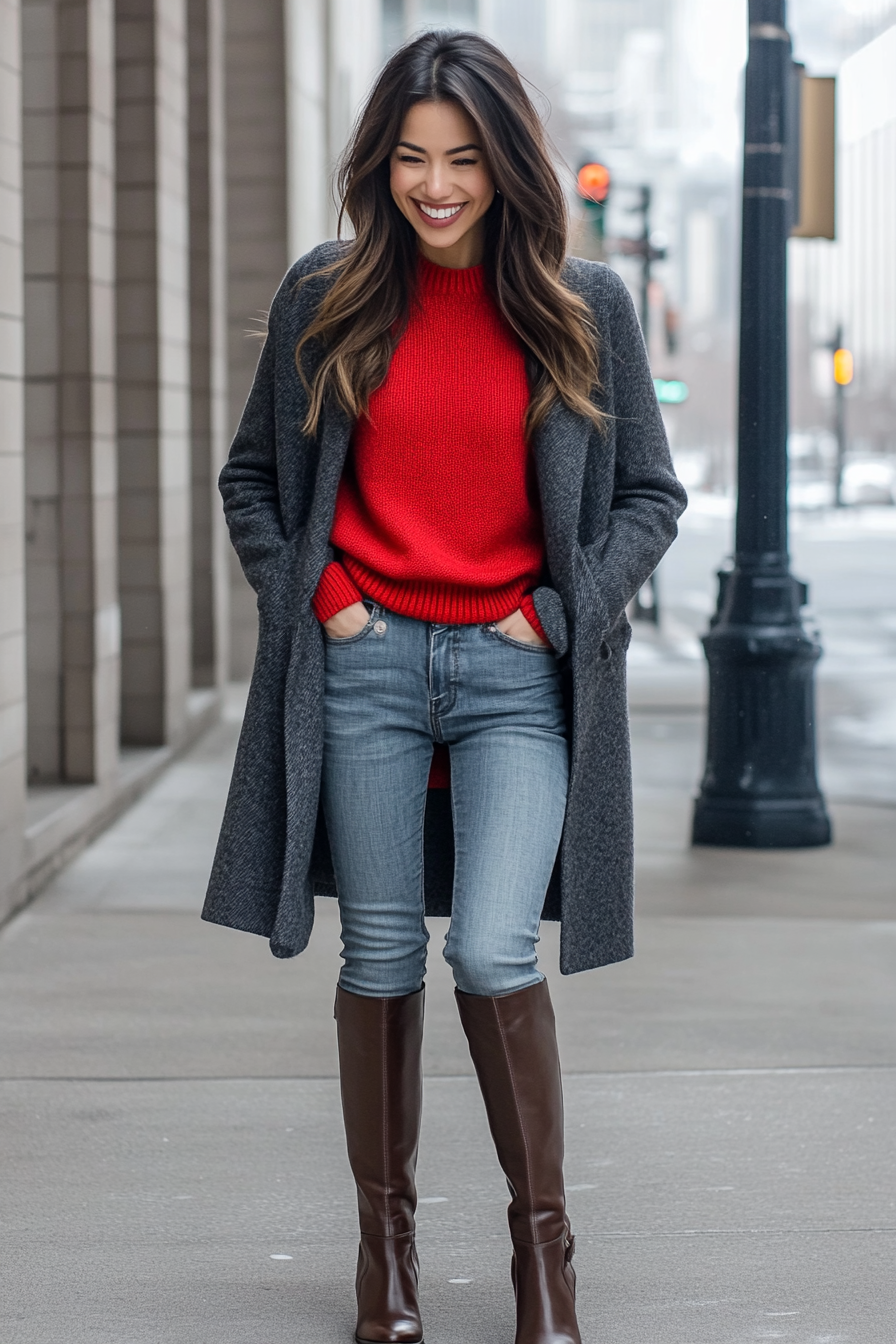17. Layered with a Wool Coat (Red Sweater Outfit Ideas) - Red Sweater Outfit Ideas