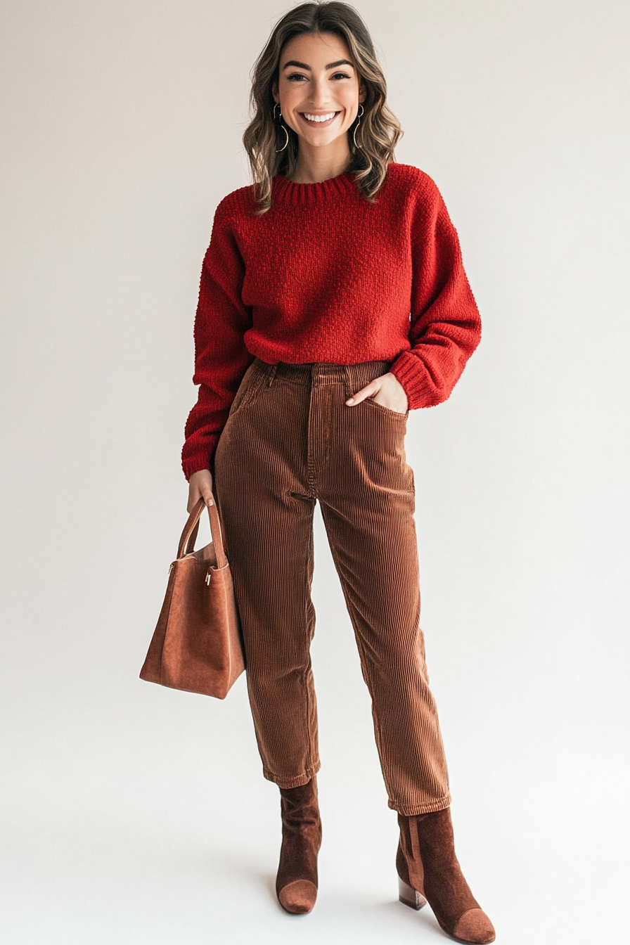 19. Casual Chic with Corduroy Pants (Red Sweater Outfit Ideas) - Red Sweater Outfit Ideas