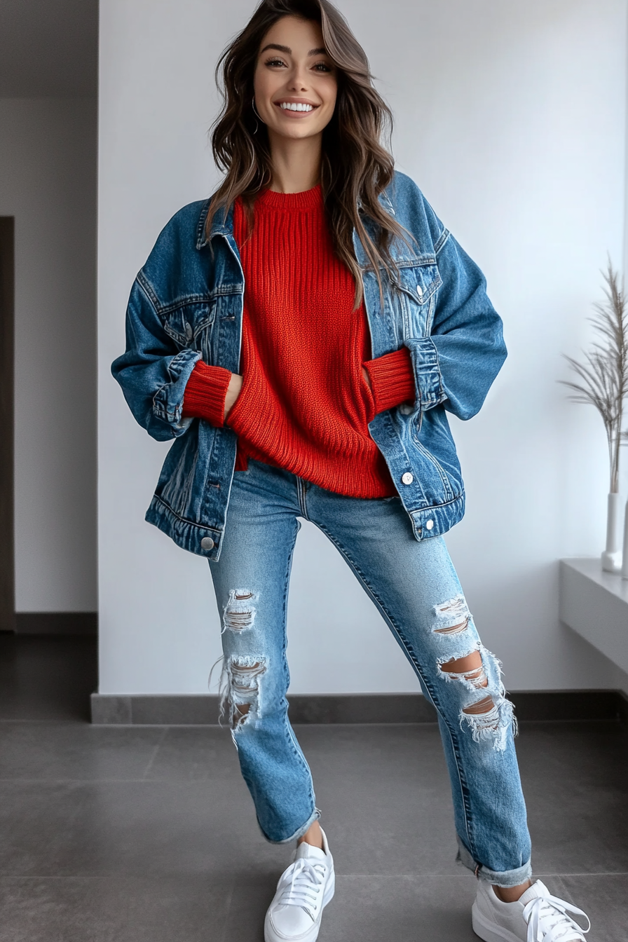 21. Layered with a Denim Jacket (Red Sweater Outfit Ideas) - Red Sweater Outfit Ideas