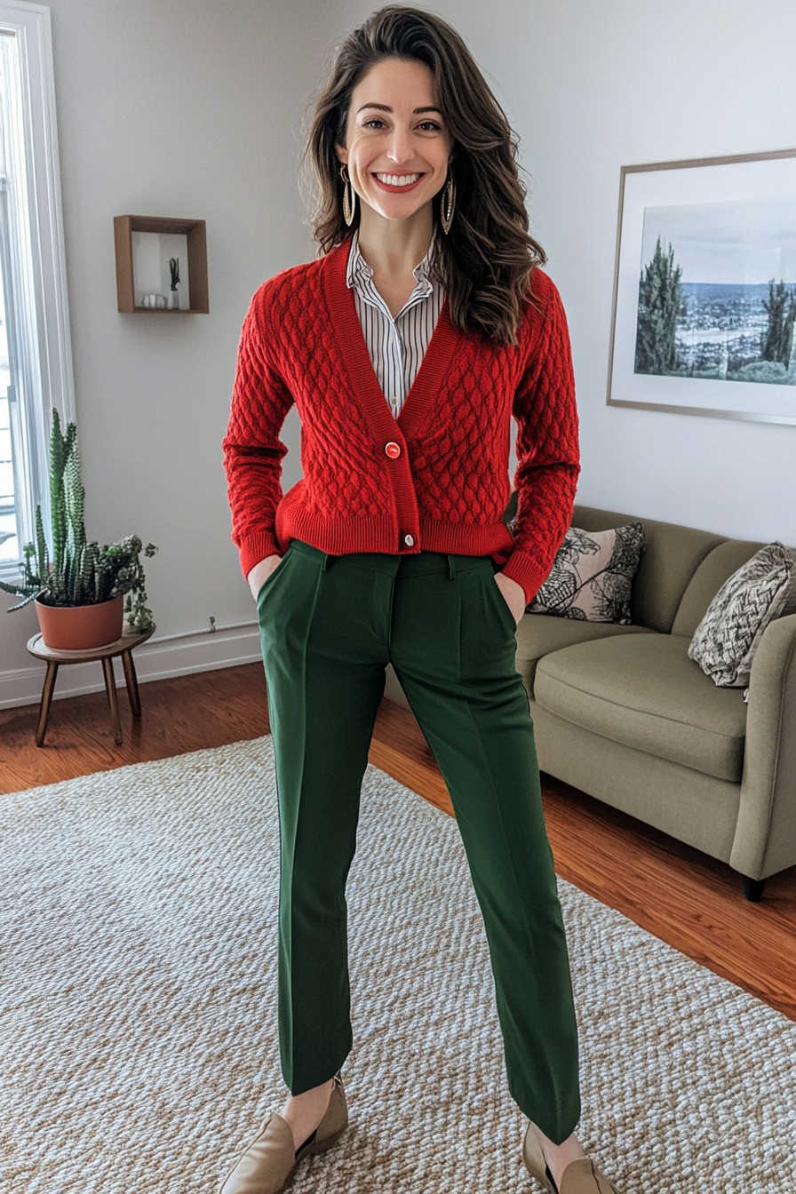 22. Bold Contrast with Green Accents (Red Sweater Outfit Ideas) - Red Sweater Outfit Ideas