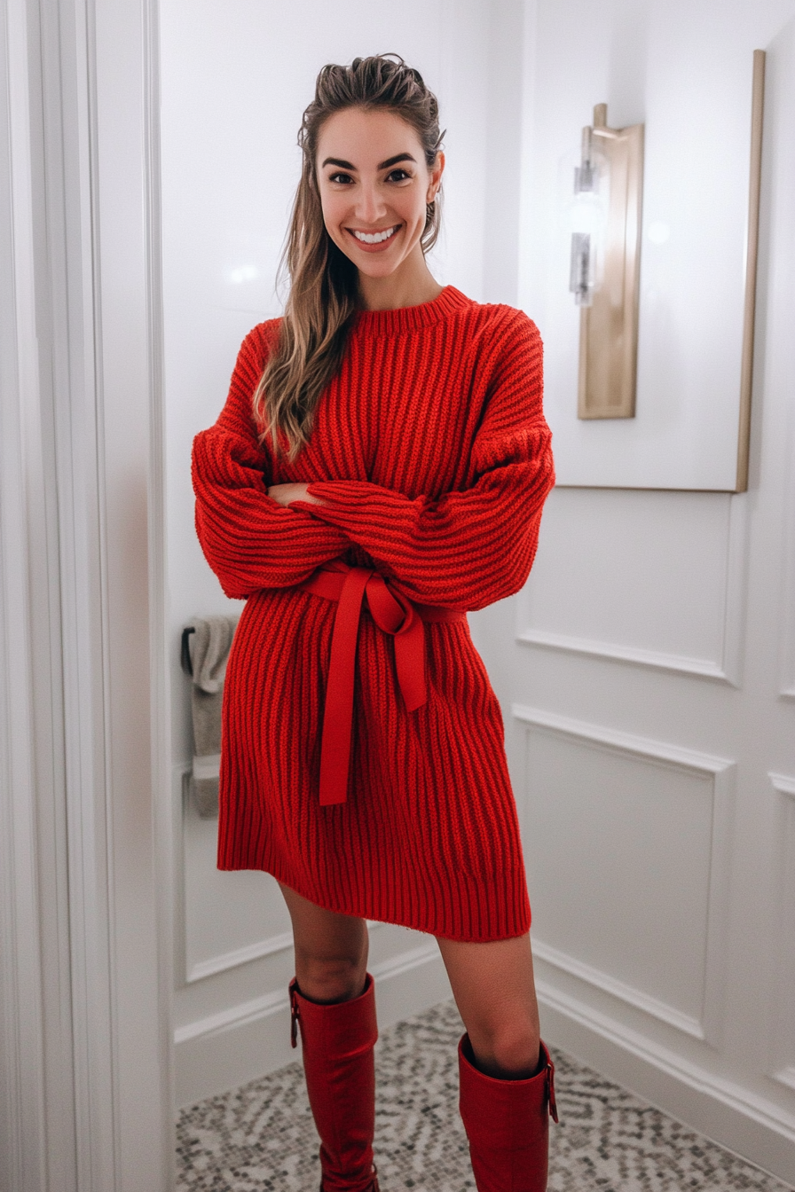 23. Laid-Back Sweater Dress Look (Red Sweater Outfit Ideas) - Red Sweater Outfit Ideas