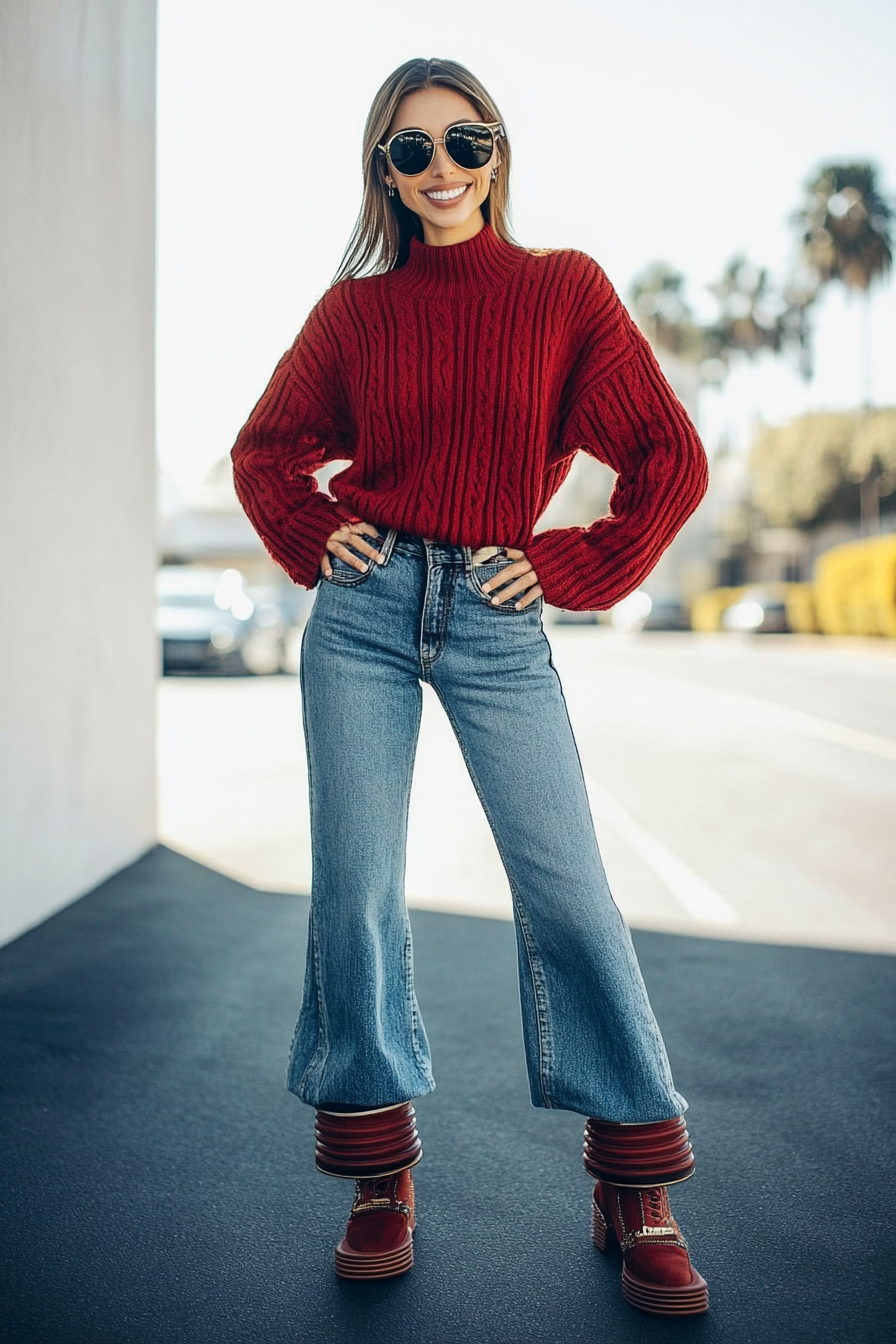 24. Retro Chic with High-Waisted Flares (Red Sweater Outfit Ideas) - Red Sweater Outfit Ideas