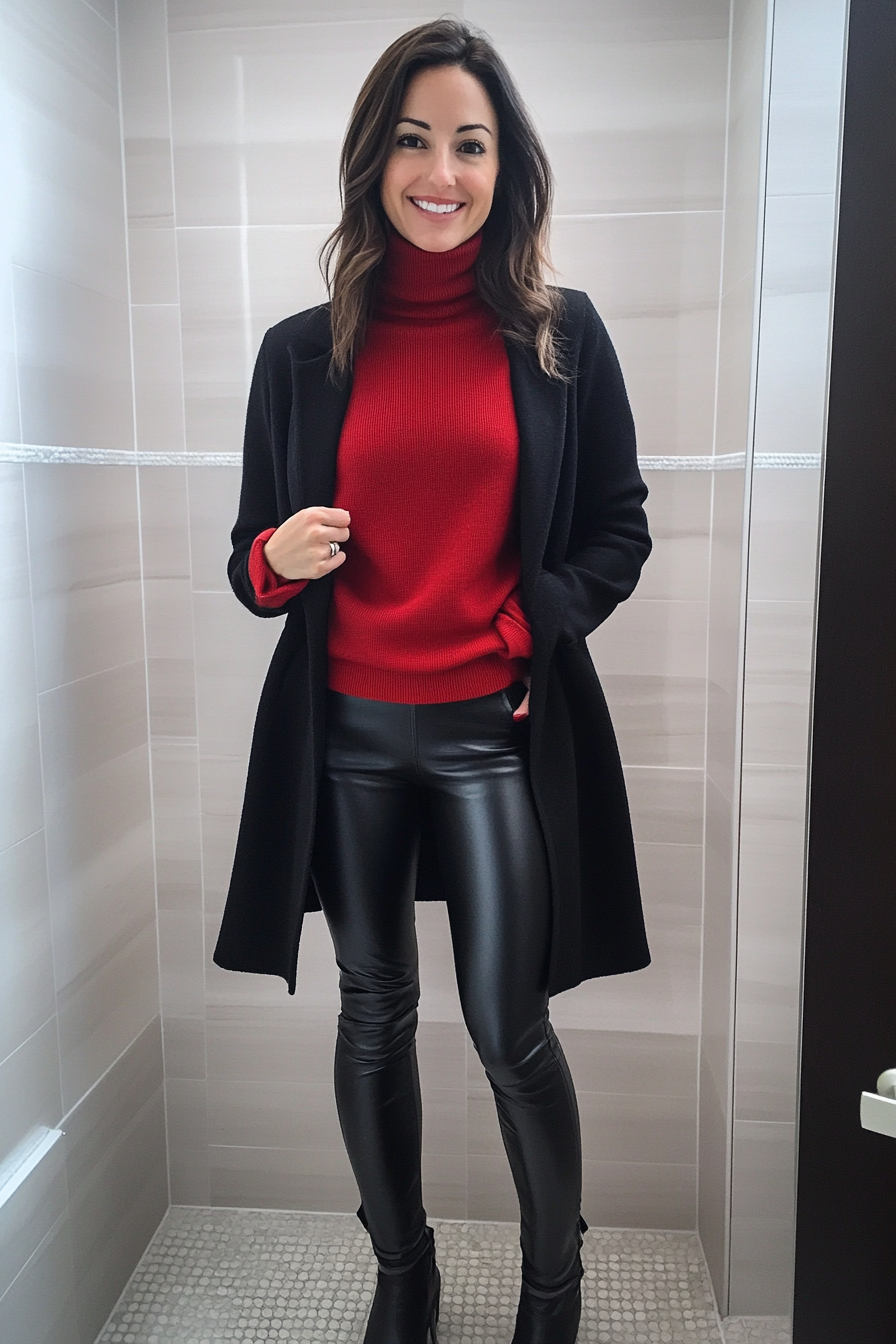26. Turtleneck Sweater and Leather Leggings (Red Sweater Outfit Ideas) - Red Sweater Outfit Ideas