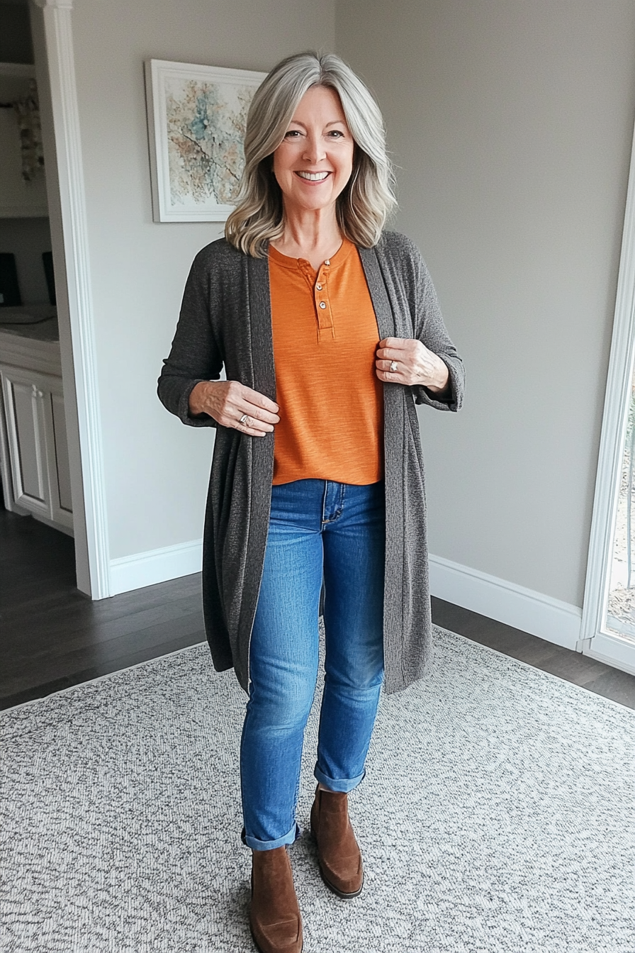4. Longline Cardigan & Straight Jeans (Casual Winter Outfits For Women Over 50) - Casual Winter Outfits For Women Over 50