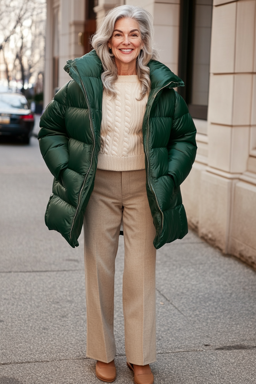 5. Puffer Jacket & Relaxed Trousers (Casual Winter Outfits For Women Over 50) - Casual Winter Outfits For Women Over 50