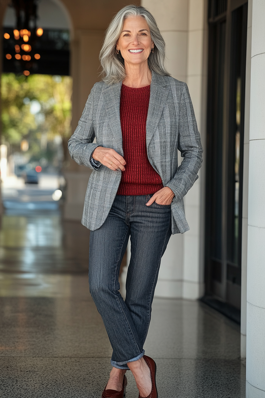 6. Plaid Blazer & Knit Sweater (Casual Winter Outfits For Women Over 50) - Casual Winter Outfits For Women Over 50