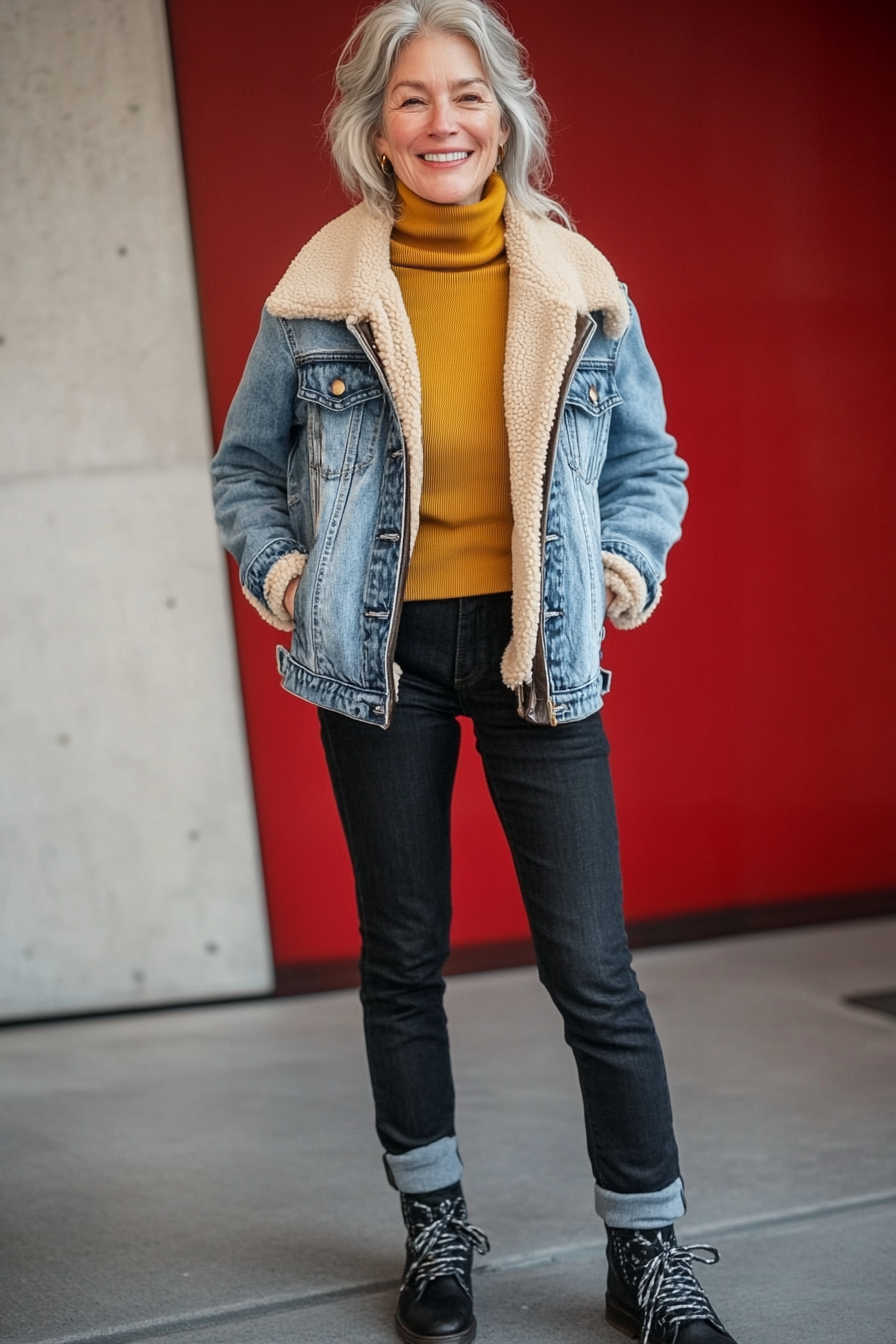 8. Sherpa-Lined Denim Jacket & Cozy Knit (Casual Winter Outfits For Women Over 50) - Casual Winter Outfits For Women Over 50