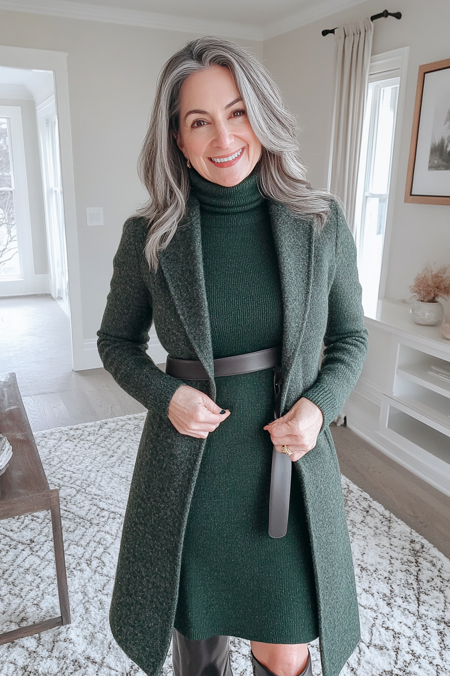 13. Turtleneck Dress & Belted Coat (Casual Winter Outfits For Women Over 50) - Casual Winter Outfits For Women Over 50