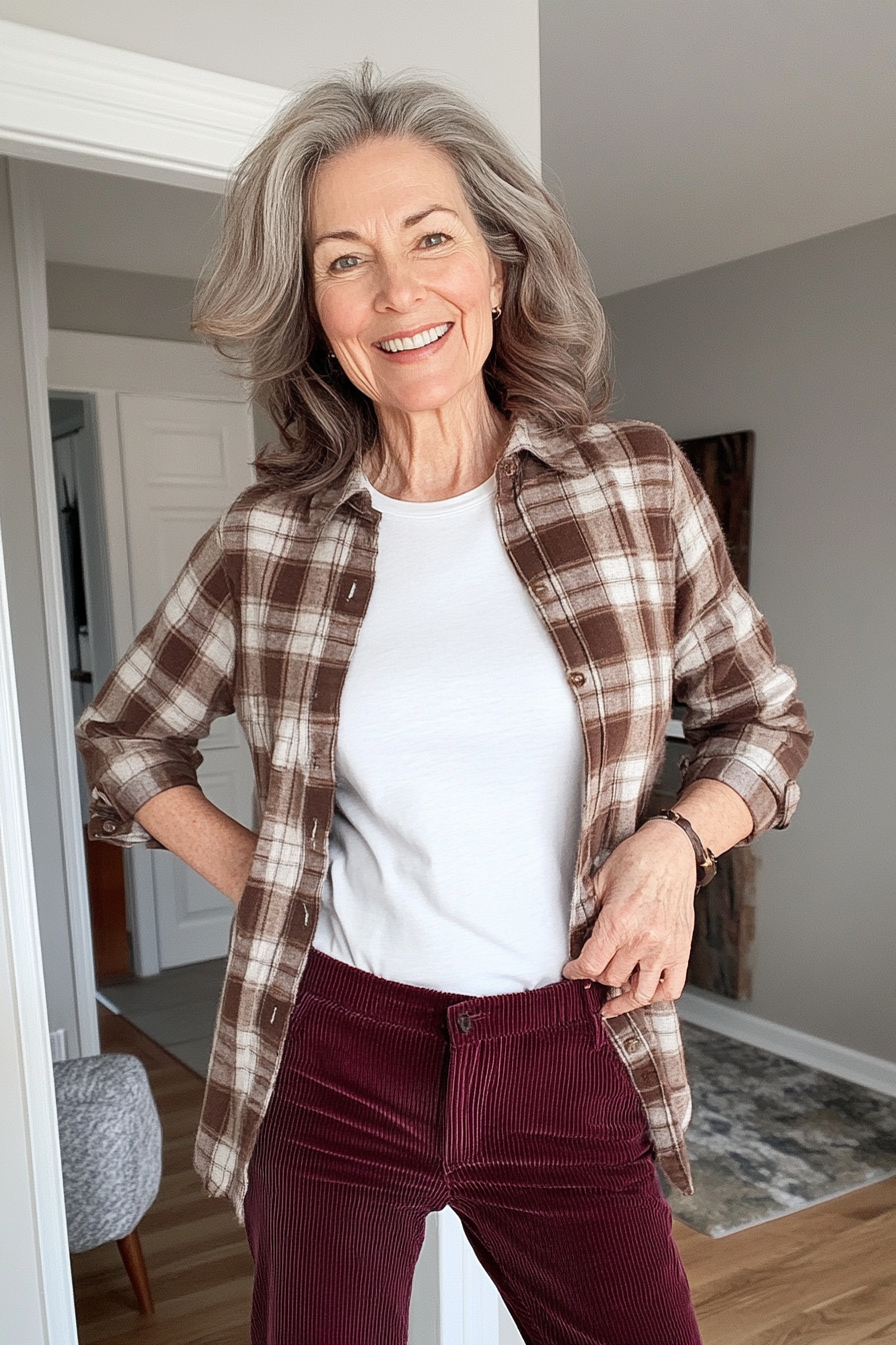 15. Flannel Shirt & Corduroy Pants (Casual Winter Outfits For Women Over 50) - Casual Winter Outfits For Women Over 50