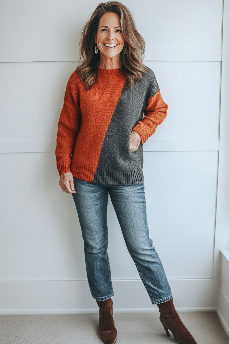 18. Color-Blocked Sweater & Jeans (Casual Winter Outfits For Women Over 50) - Casual Winter Outfits For Women Over 50