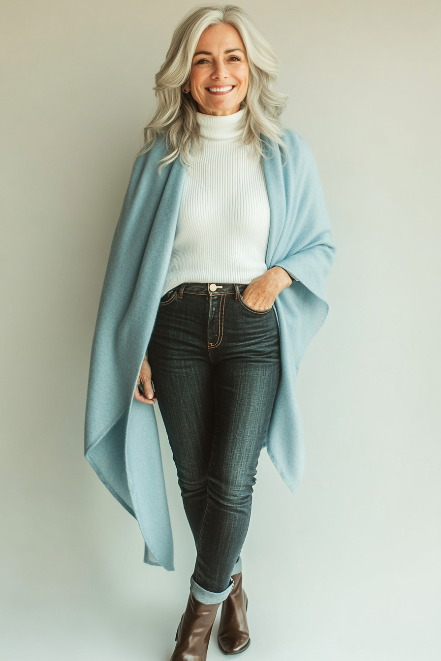 20. Wool Wrap & Turtleneck Combo (Casual Winter Outfits For Women Over 50) - Casual Winter Outfits For Women Over 50