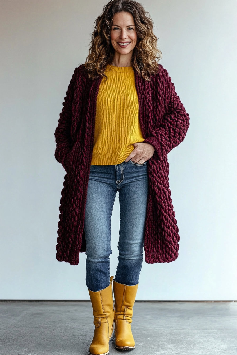 23. Chunky Cardigan & Winter Boots (Casual Winter Outfits For Women Over 50) - Casual Winter Outfits For Women Over 50