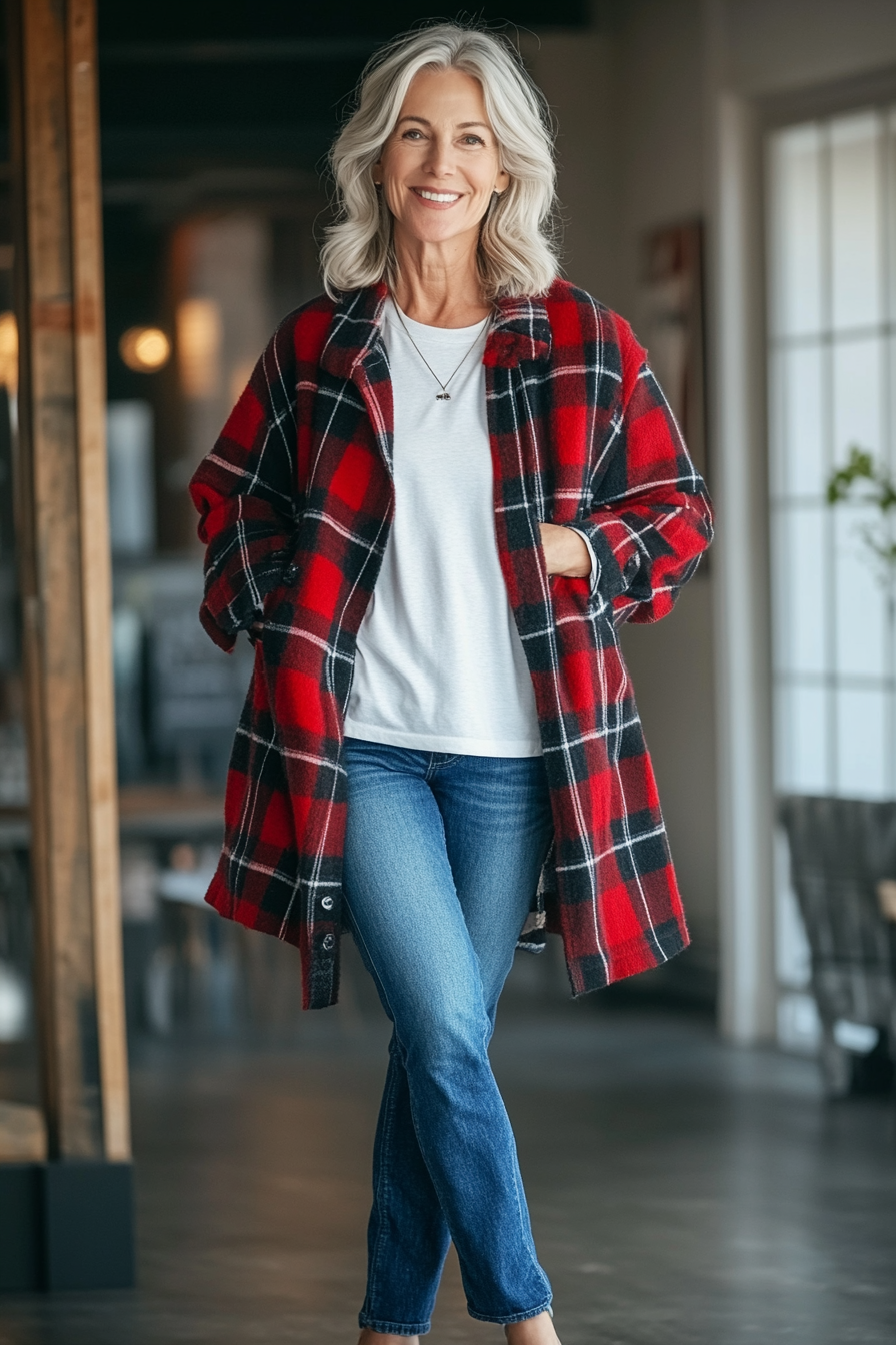 27. Layered Shacket & Cozy Denim (Casual Winter Outfits For Women Over 50) - Casual Winter Outfits For Women Over 50