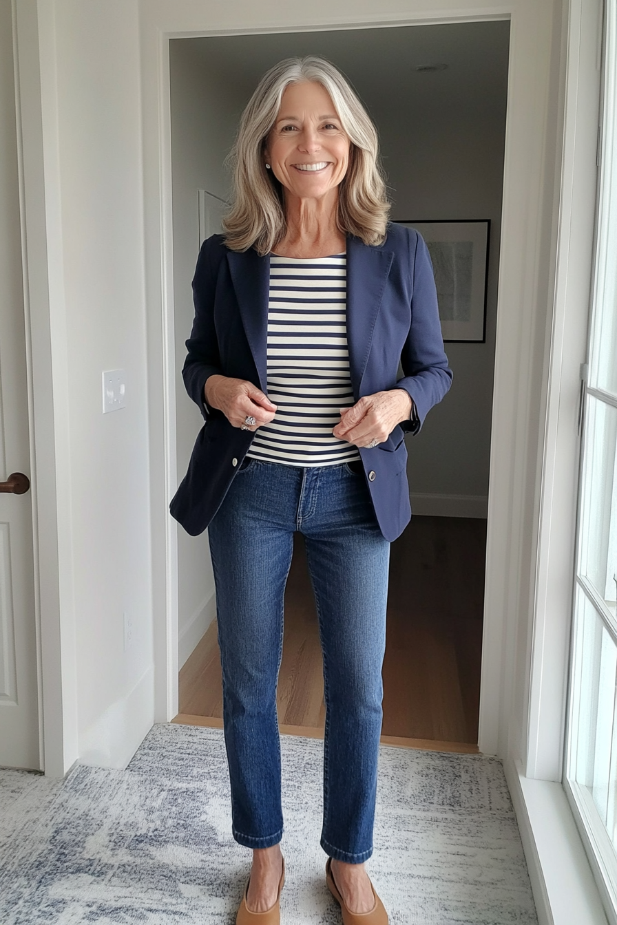 11. Denim & Classic Stripes (Concert Outfit Ideas For Women Over 50) - Concert Outfit Ideas For Women Over 50
