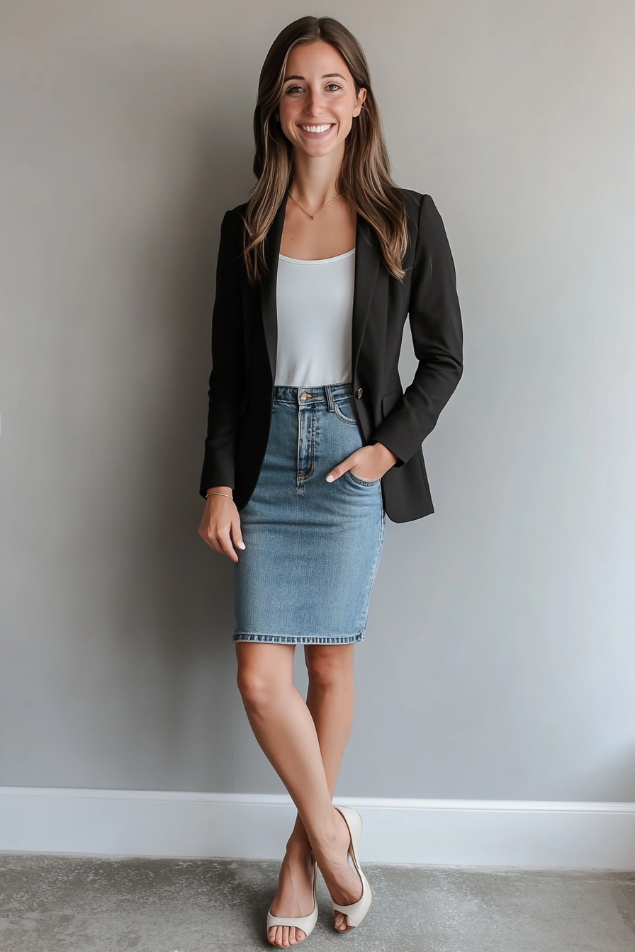 1. Effortless Chic: Denim & Blazer Combo (Jean Skirt Outfit Ideas) - Jean Skirt Outfit Ideas