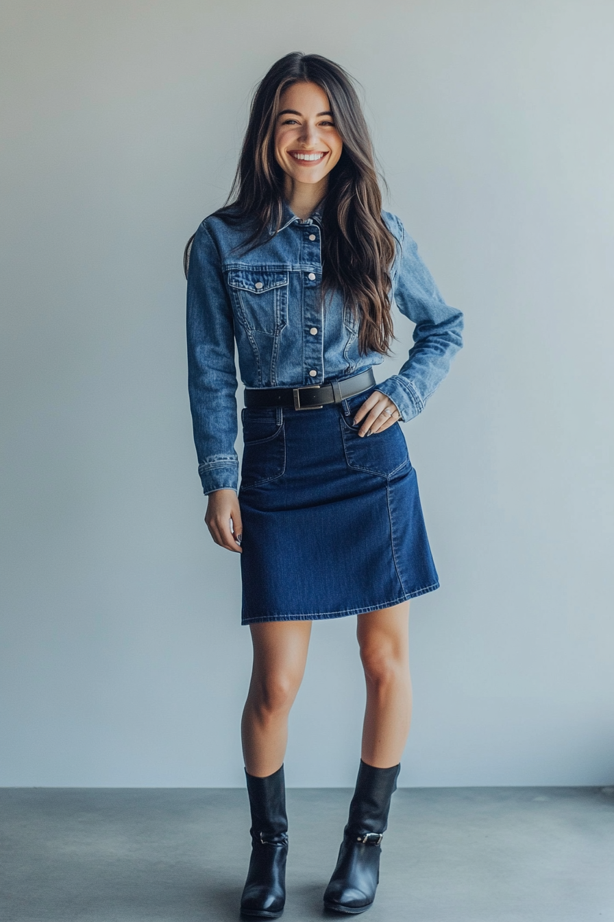 3. Monochrome Denim Dream (Jean Skirt Outfit Ideas) - Jean Skirt Outfit Ideas