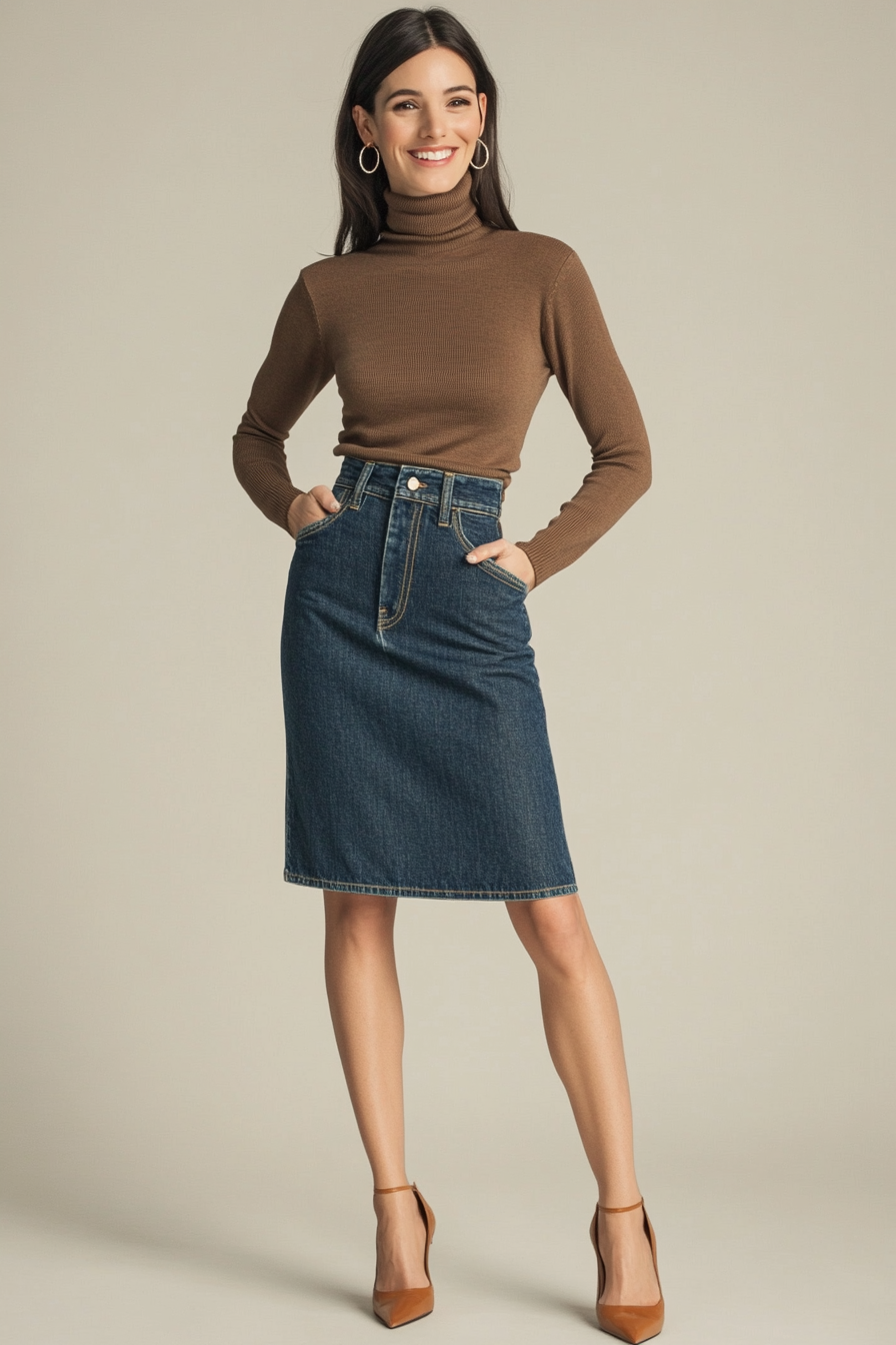 8. Retro Revival: Denim Pencil Skirt & Turtleneck (Jean Skirt Outfit Ideas) - Jean Skirt Outfit Ideas