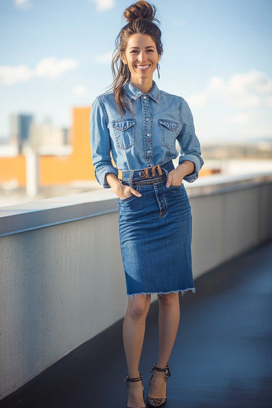 11. Denim on Denim: Modern Canadian Tuxedo (Jean Skirt Outfit Ideas) - Jean Skirt Outfit Ideas