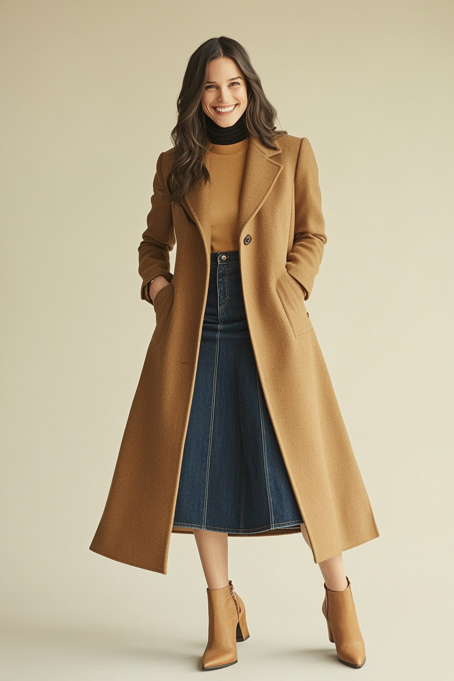 13. Autumn Layers: Long Coat & Denim Maxi (Jean Skirt Outfit Ideas) - Jean Skirt Outfit Ideas