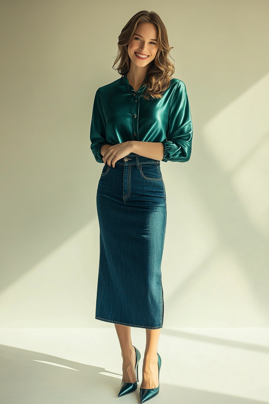 15. Classic Elegance: Silk Blouse & Denim Pencil Skirt (Jean Skirt Outfit Ideas) - Jean Skirt Outfit Ideas