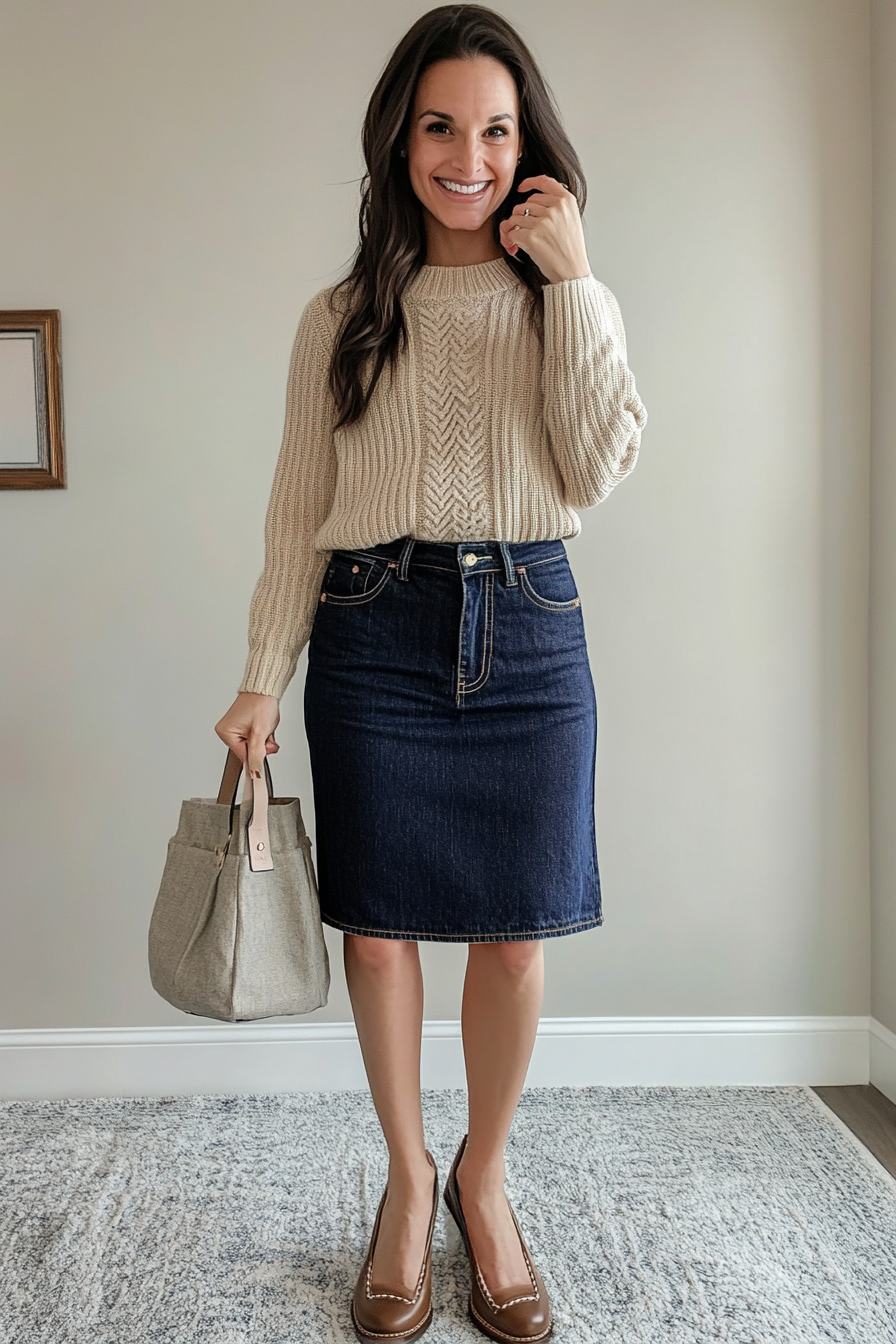 17. Minimalist Neutrals: Beige Sweater & Dark Denim (Jean Skirt Outfit Ideas) - Jean Skirt Outfit Ideas