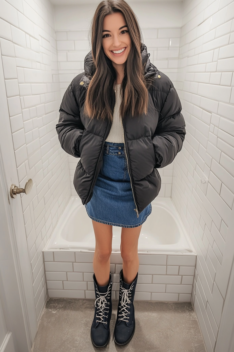 21. Cozy and Cool: Puffer Jacket & Denim Midi (Jean Skirt Outfit Ideas) - Jean Skirt Outfit Ideas