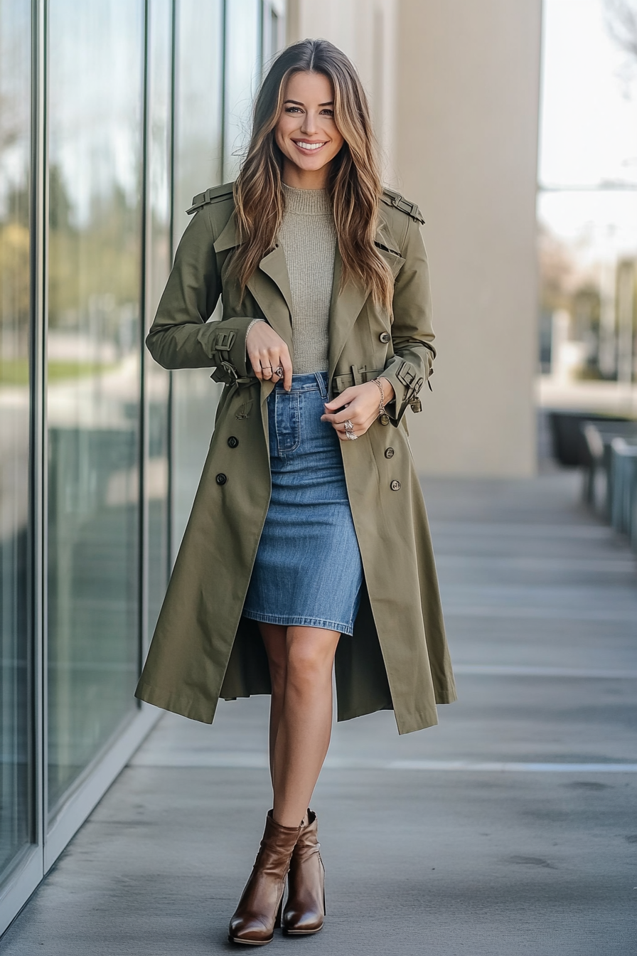 22. Street Chic: Long Trench & Denim Skirt (Jean Skirt Outfit Ideas) - Jean Skirt Outfit Ideas
