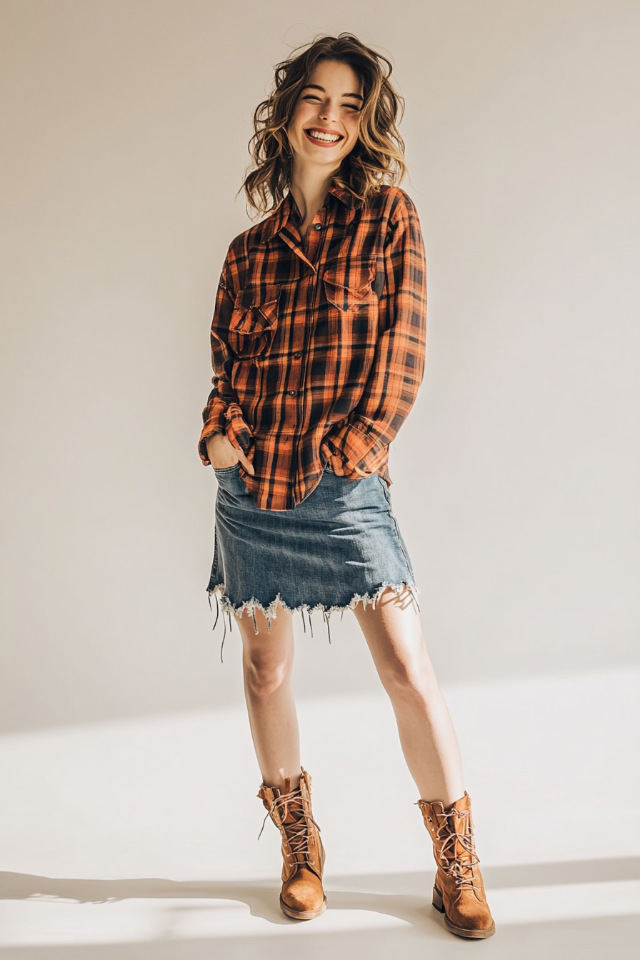 24. Laid-Back Layers: Flannel Shirt & Ripped Denim Skirt (Jean Skirt Outfit Ideas) - Jean Skirt Outfit Ideas