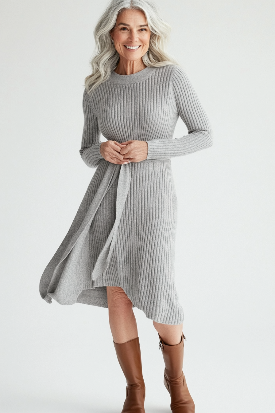 2. Knit Midi Dress in Soft Heather Gray (Winter Dresses For Women Over 50) - Winter Dresses For Women Over 50