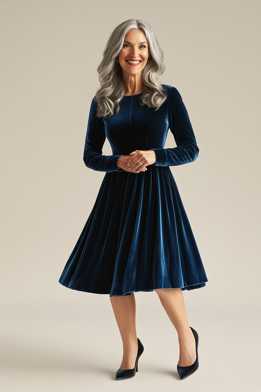 4. Velvet A-Line Dress in Midnight Blue (Winter Dresses For Women Over 50) - Winter Dresses For Women Over 50