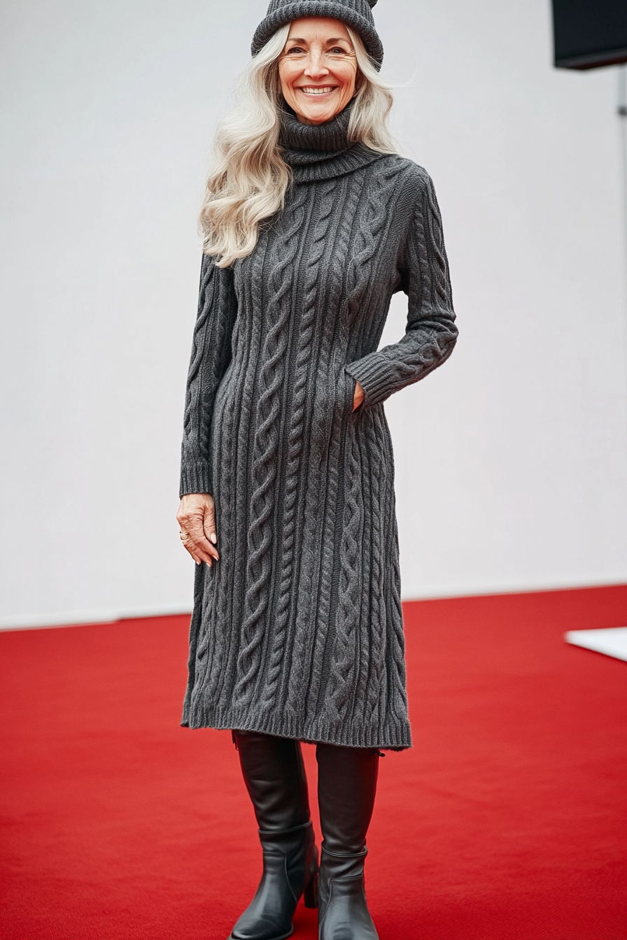 5. Cable Knit Sweater Dress in Charcoal Gray (Winter Dresses For Women Over 50) - Winter Dresses For Women Over 50