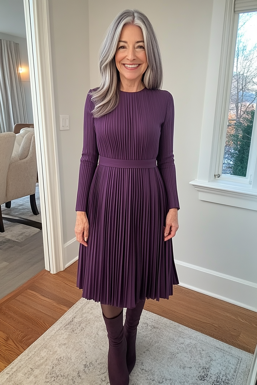 6. Pleated Midi Dress in Rich Plum (Winter Dresses For Women Over 50) - Winter Dresses For Women Over 50