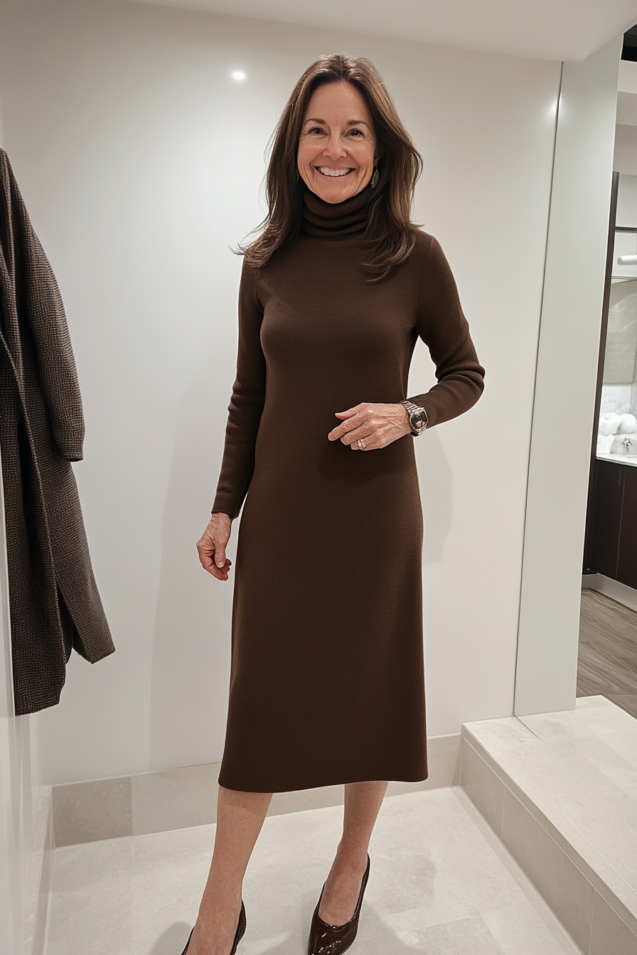9. Cashmere Turtleneck Dress in Chocolate Brown (Winter Dresses For Women Over 50) - Winter Dresses For Women Over 50