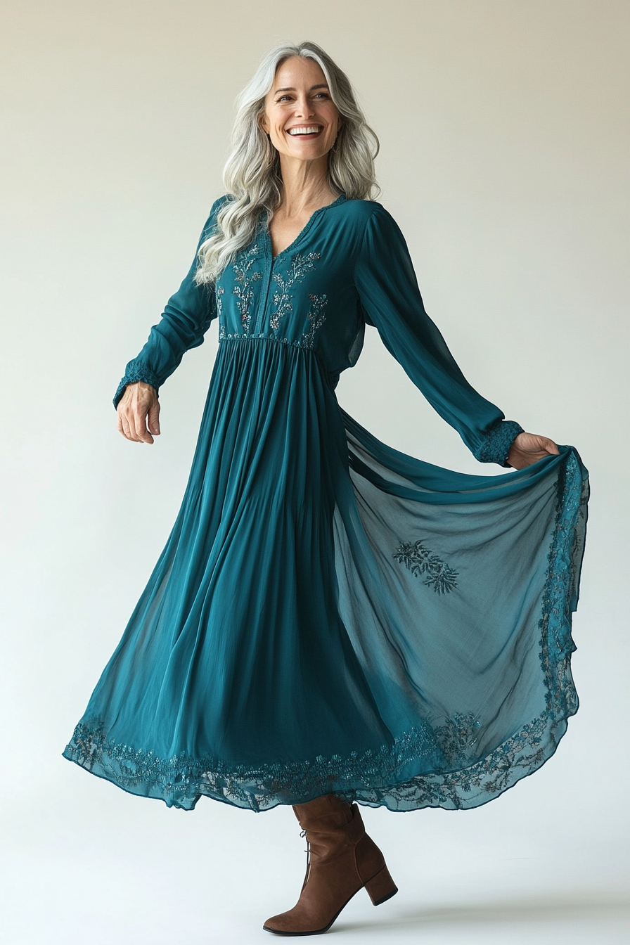 11. Bohemian Maxi Dress in Deep Teal (Winter Dresses For Women Over 50) - Winter Dresses For Women Over 50