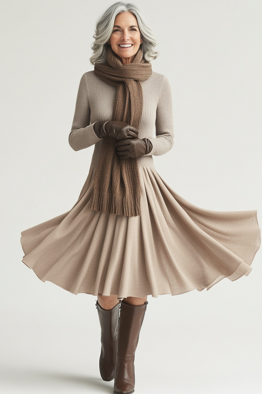 12. Knitted Fit-and-Flare Dress in Warm Taupe (Winter Dresses For Women Over 50) - Winter Dresses For Women Over 50