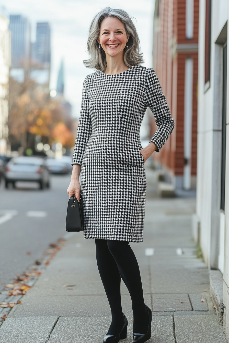 15. Houndstooth Wool Dress in Black and White (Winter Dresses For Women Over 50) - Winter Dresses For Women Over 50
