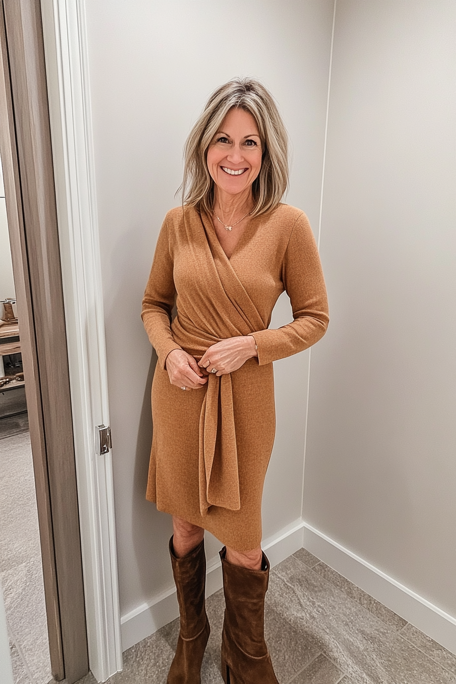 16. Wrap Sweater Dress in Warm Cinnamon (Winter Dresses For Women Over 50) - Winter Dresses For Women Over 50