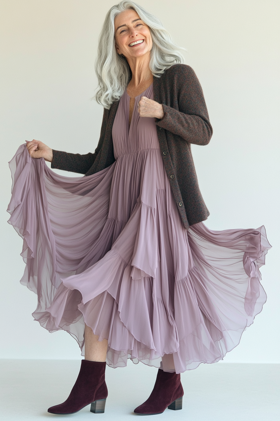 17. Tiered Chiffon Midi Dress in Mauve (Winter Dresses For Women Over 50) - Winter Dresses For Women Over 50