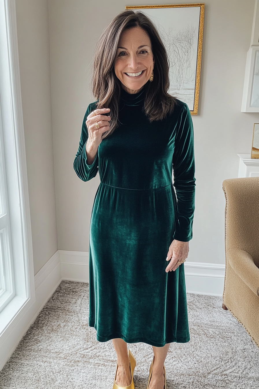 18. Velour Mock Neck Dress in Dark Emerald (Winter Dresses For Women Over 50) - Winter Dresses For Women Over 50