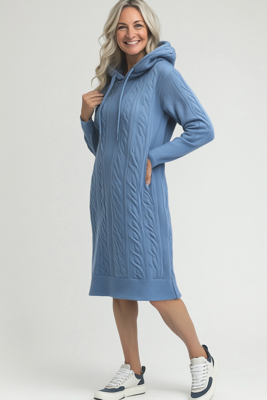 23. Cozy Hooded Sweater Dress in Dusty Blue (Winter Dresses For Women Over 50) - Winter Dresses For Women Over 50
